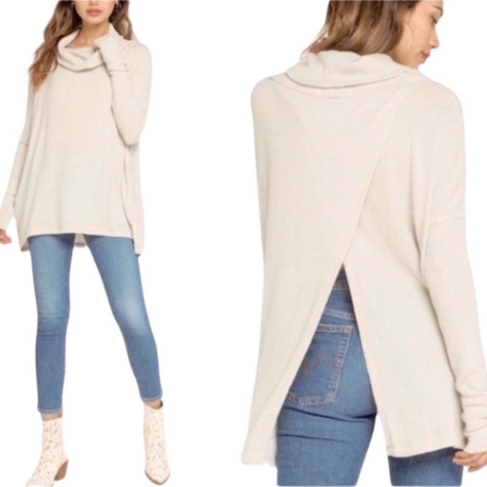 Free People Juicy Cowl Neck Split Back Thermal Knit Top Tunic Oversize Stretch